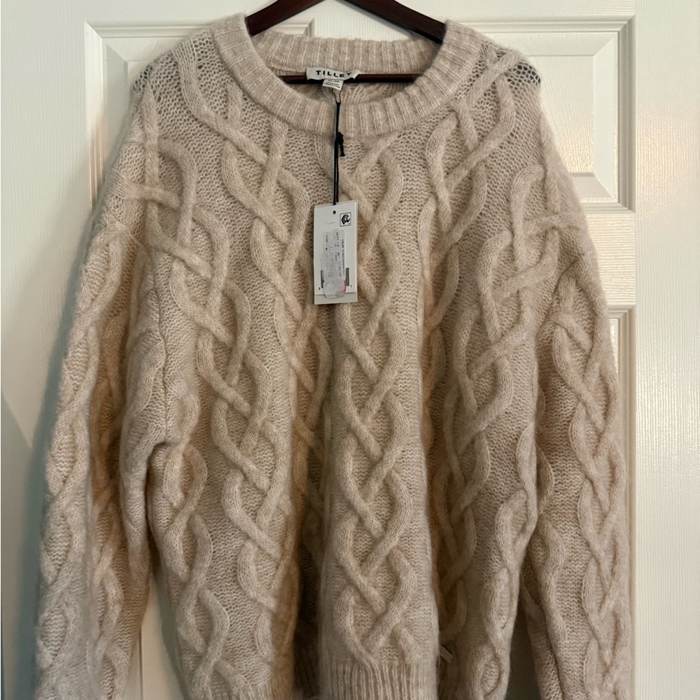 TILLEY Luxury Mohair Cable Knit Crew Neck Chunky Sweater XL Oatmeal NWT $400